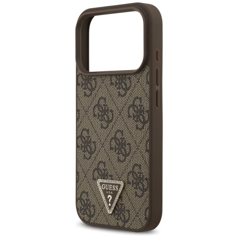 Husa iPhone 18 Pro Guess Leather 4G Triangle Strass MagSafe, maro, GUHMP18LP4TDPW