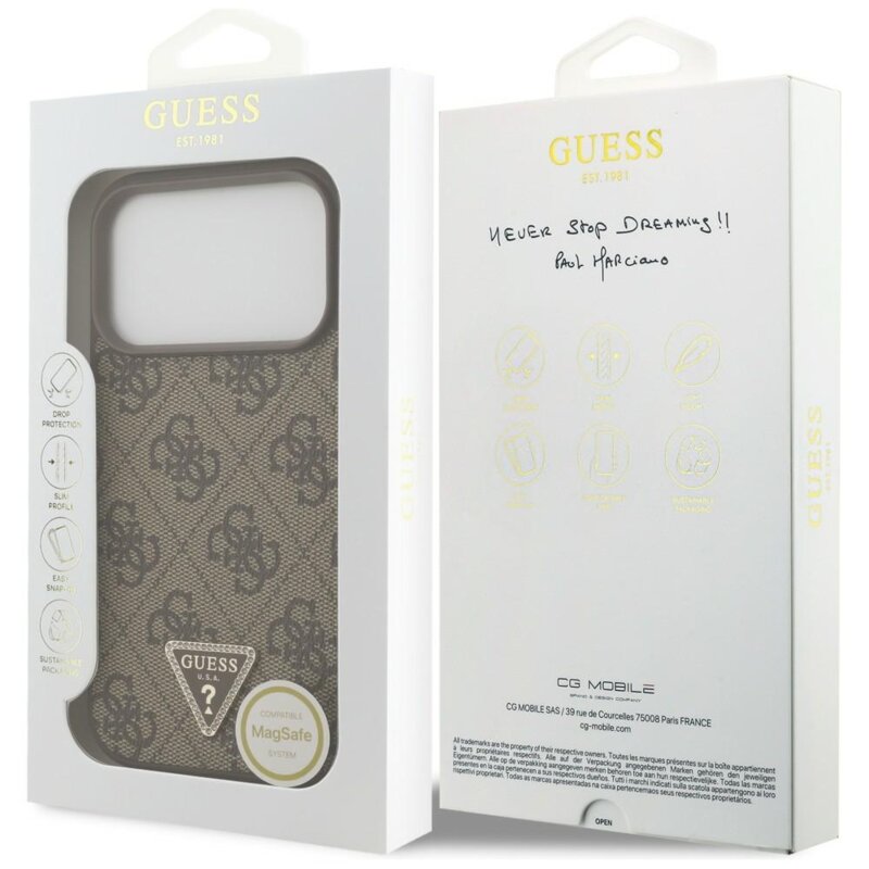 Husa iPhone 18 Pro Guess Leather 4G Triangle Strass MagSafe, maro, GUHMP18LP4TDPW
