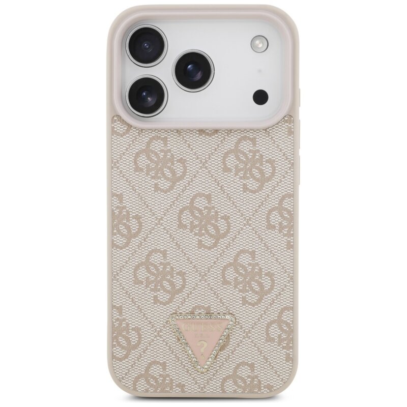 Husa iPhone 18 Pro Guess Leather 4G Triangle Strass MagSafe, roz, GUHMP18LP4TDPP