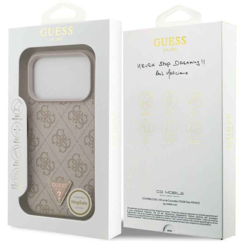 Husa iPhone 18 Pro Guess Leather 4G Triangle Strass MagSafe, roz, GUHMP18LP4TDPP