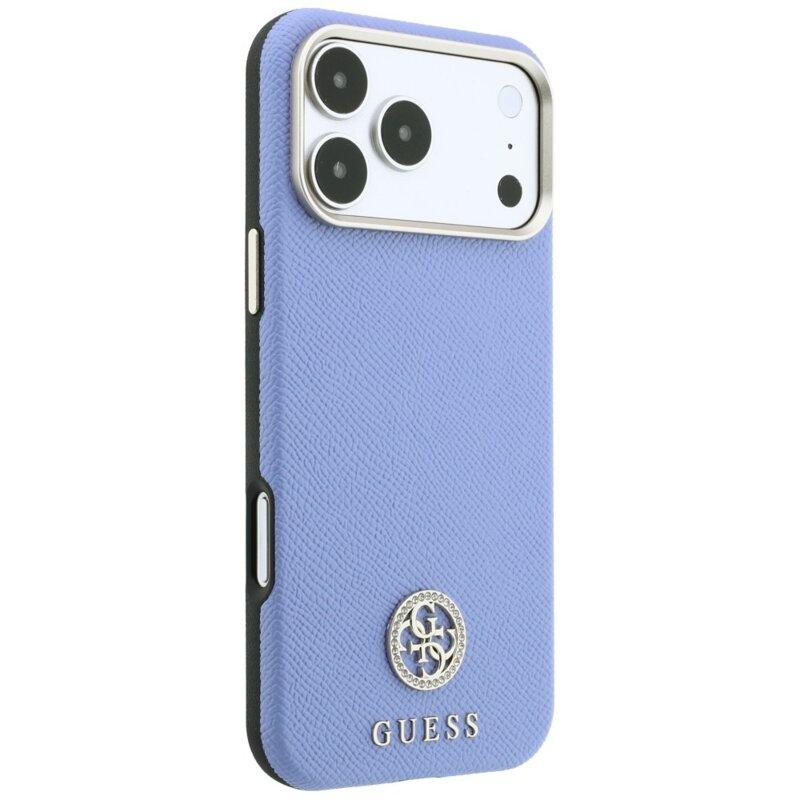 Husa originala Guess iPhone 18 Pro Max Grained Leather Round Strass Logo MagSafe, bleu, GUHMP18X6PSRMDEB