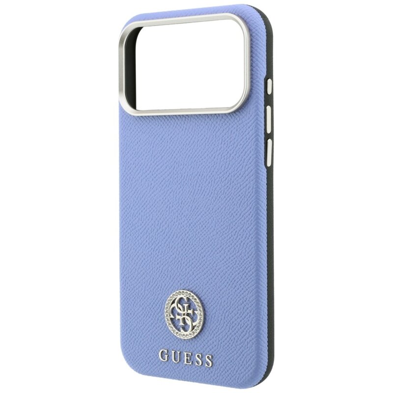 Husa originala Guess iPhone 18 Pro Max Grained Leather Round Strass Logo MagSafe, bleu, GUHMP18X6PSRMDEB