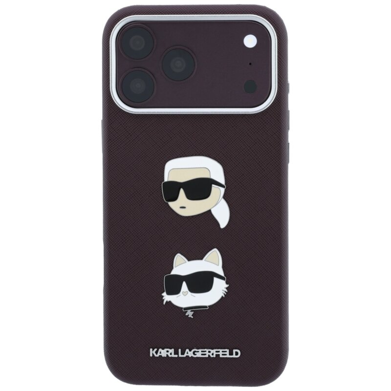 Husa originala iPhone 18 Pro Karl Lagerfeld Saffiano with K&C Heads Pins and Logo, bordo, KLHCP18LPSWFDHPR