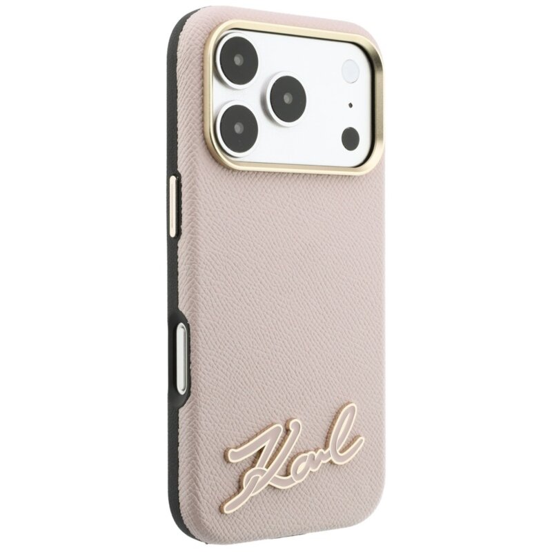 Husa iPhone 18 Pro Karl Lagerfeld Grained Leather with Resin Sign Logo MagSafe, roz, KLHMP18L6PWKSRSP