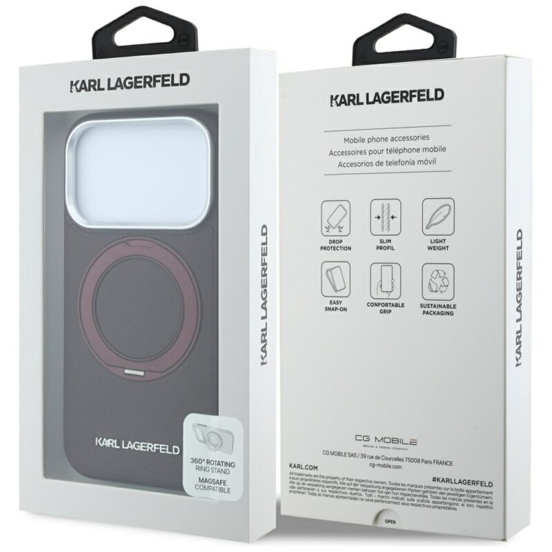 Husa originala iPhone 18 Pro Max Karl Lagerfeld Ring Stand 360 Saffiano MagSafe, bordo, KLHMP18X6PSARSKMR