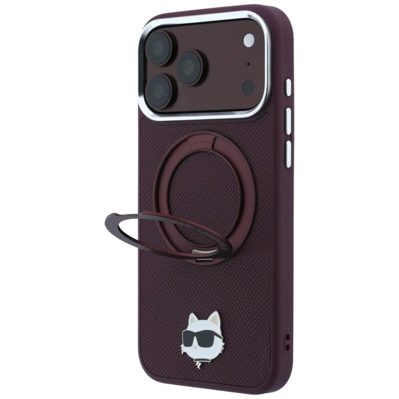 Husa originala iPhone 18 Pro Karl Lagerfeld Leather Ring Stand 360 C Pin MagSafe, bordo, KLHMP18LPSRSCHHR