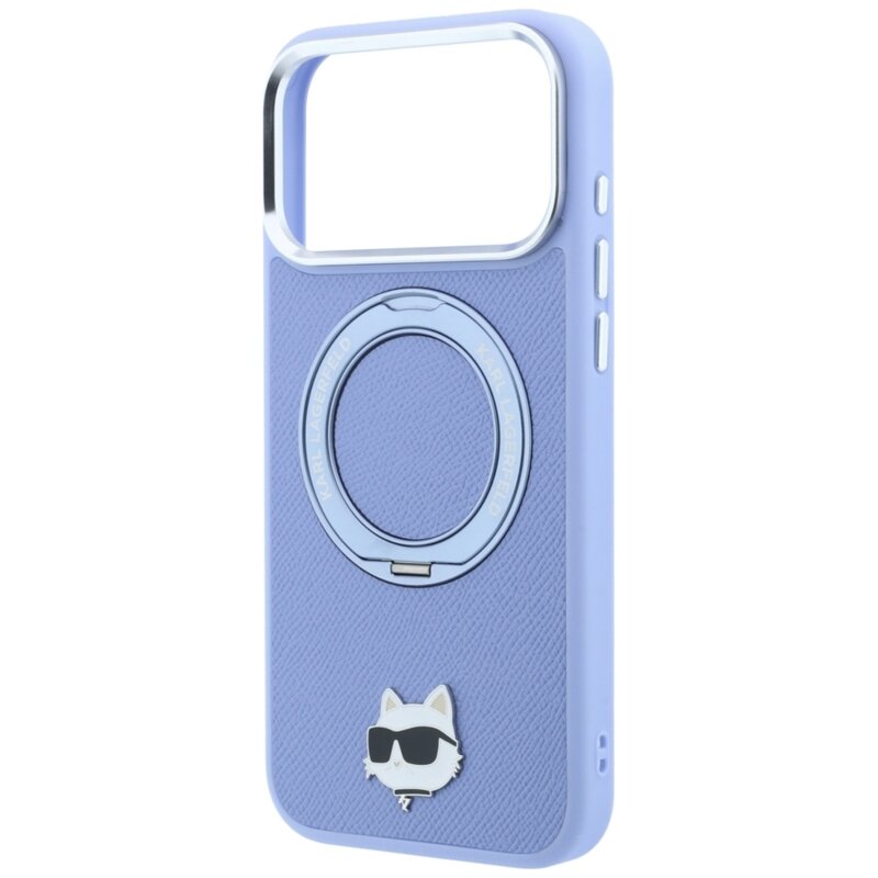 Husa originala iPhone 18 Pro Karl Lagerfeld Leather Ring Stand 360 C Pin MagSafe, bleu, KLHMP18LPSRSCHHB