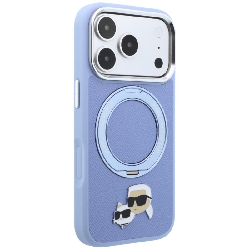 Husa originala iPhone 18 Pro Karl Lagerfeld Leather Ring Stand 360 KC Pin MagSafe, bleu, KLHMP18LPSRSKCHB