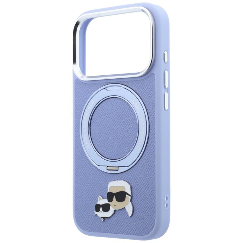 Husa originala iPhone 18 Pro Karl Lagerfeld Leather Ring Stand 360 KC Pin MagSafe, bleu, KLHMP18LPSRSKCHB