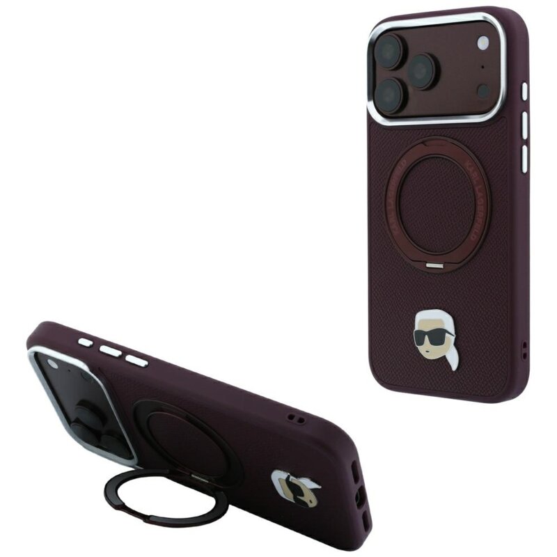 Husa originala iPhone 18 Pro Karl Lagerfeld Leather Ring Stand 360 K Pin MagSafe, bordo, KLHMP18LPSRSKLHR