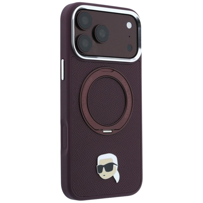 Husa originala iPhone 18 Pro Karl Lagerfeld Leather Ring Stand 360 K Pin MagSafe, bordo, KLHMP18LPSRSKLHR