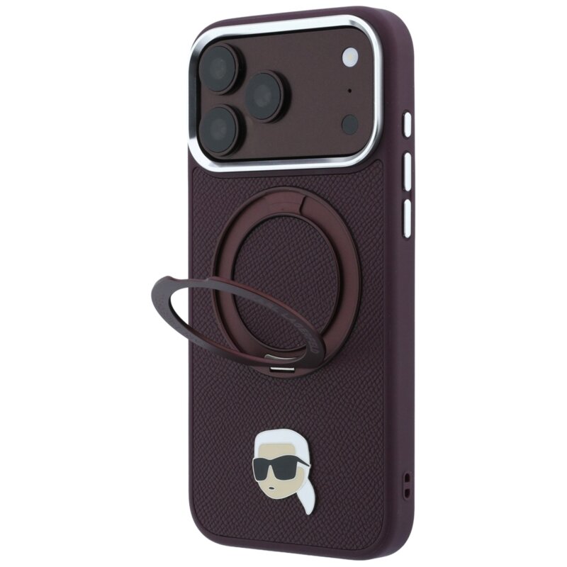 Husa originala iPhone 18 Pro Karl Lagerfeld Leather Ring Stand 360 K Pin MagSafe, bordo, KLHMP18LPSRSKLHR