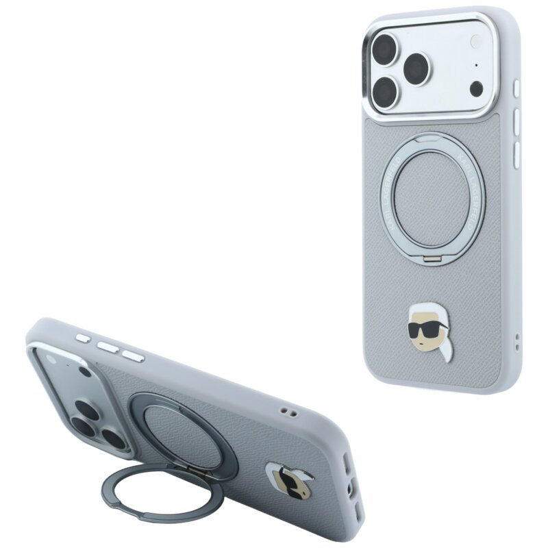 Husa originala iPhone 18 Pro Karl Lagerfeld Leather Ring Stand 360 K Pin MagSafe, gri, KLHMP18LPSRSKLHG