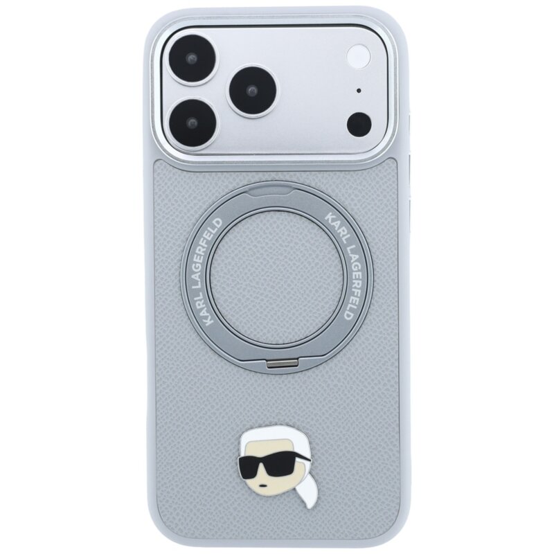 Husa originala iPhone 18 Pro Karl Lagerfeld Leather Ring Stand 360 K Pin MagSafe, gri, KLHMP18LPSRSKLHG