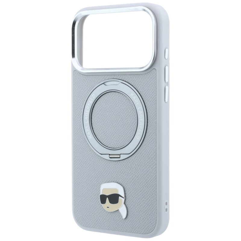Husa originala iPhone 18 Pro Karl Lagerfeld Leather Ring Stand 360 K Pin MagSafe, gri, KLHMP18LPSRSKLHG