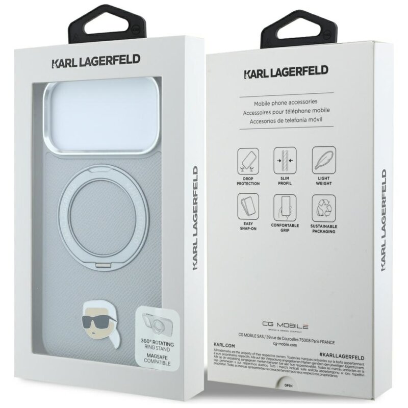 Husa originala iPhone 18 Pro Karl Lagerfeld Leather Ring Stand 360 K Pin MagSafe, gri, KLHMP18LPSRSKLHG