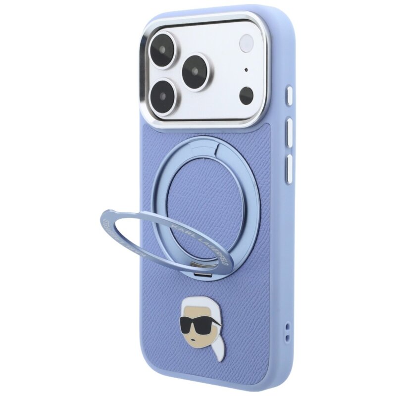 Husa originala iPhone 18 Pro Karl Lagerfeld Leather Ring Stand 360 K Pin MagSafe, bleu, KLHMP18LPSRSKLHB