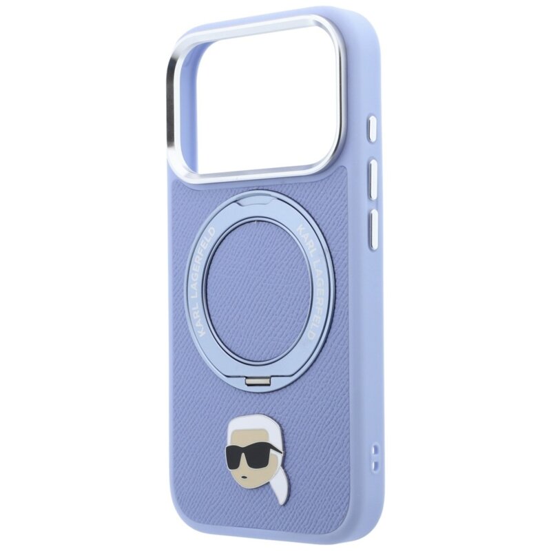 Husa originala iPhone 18 Pro Karl Lagerfeld Leather Ring Stand 360 K Pin MagSafe, bleu, KLHMP18LPSRSKLHB