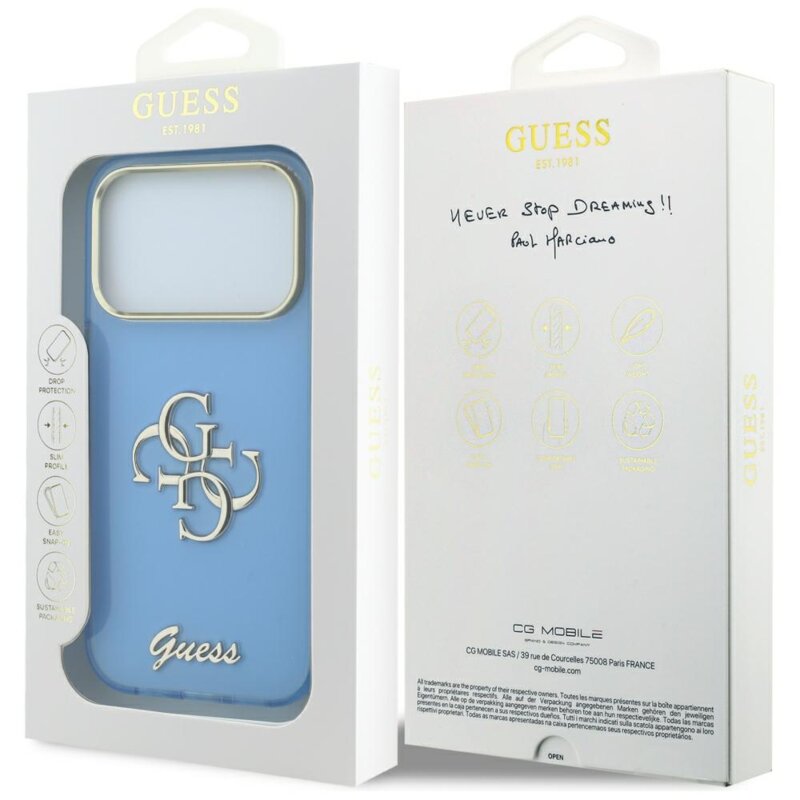 Husa Guess IML 4G Metal Script iPhone 17 Pro, bleu, GUHCP18L5HC4MLSL