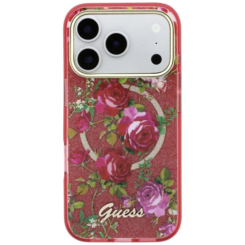 Husa iPhone 17 Pro Max originala Guess IML Glitter Blossom Roses MagSafe, bordo, GUHMP18X6HTBGSLU