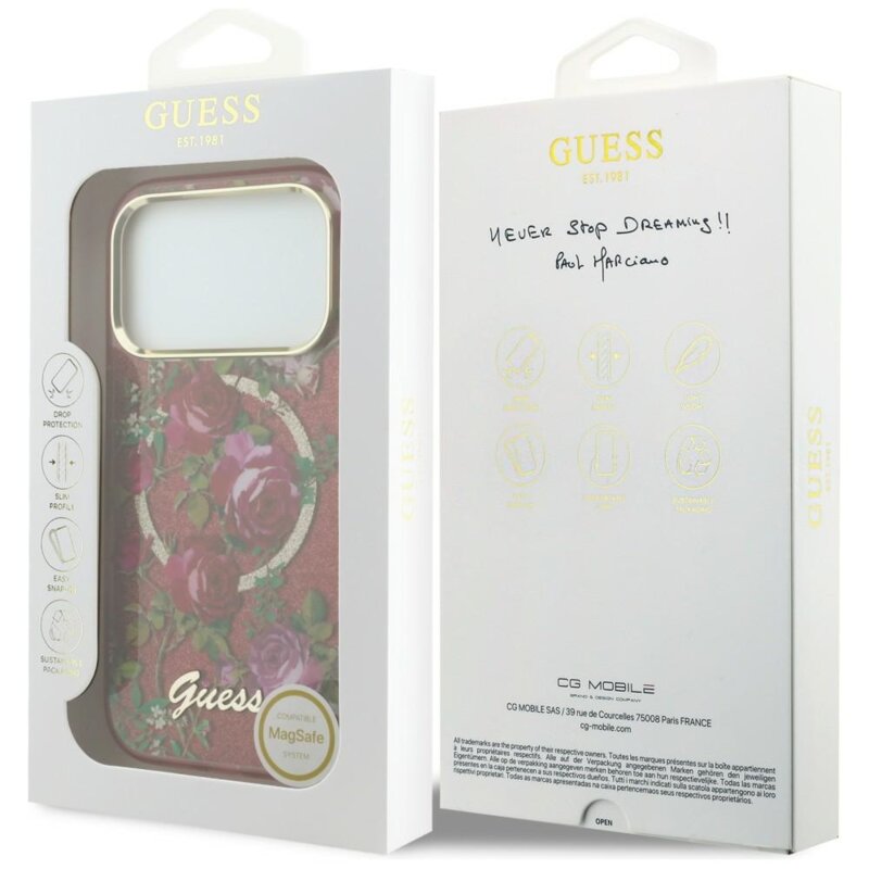 Husa iPhone 17 Pro Max originala Guess IML Glitter Blossom Roses MagSafe, bordo, GUHMP18X6HTBGSLU