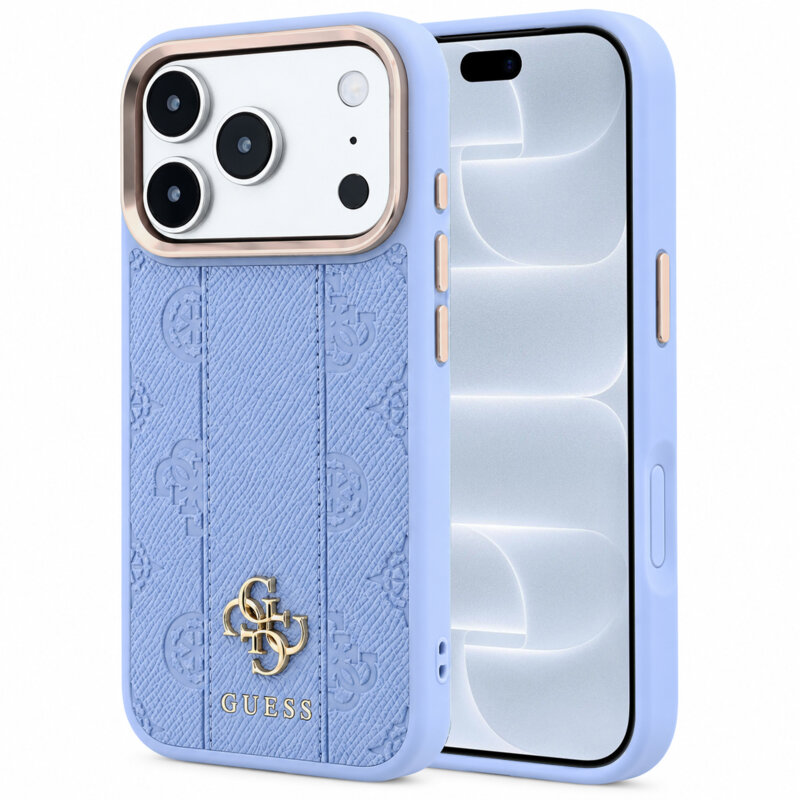 Husa Guess iPhone 18 Pro Leather Stripe Peony 4G MagSafe, bleu, GUHMP18L6PGSU4EB