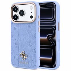 Husa Guess iPhone 17 Pro Leather Stripe Peony 4G MagSafe, bleu, GUHMP18L6PGSU4EB