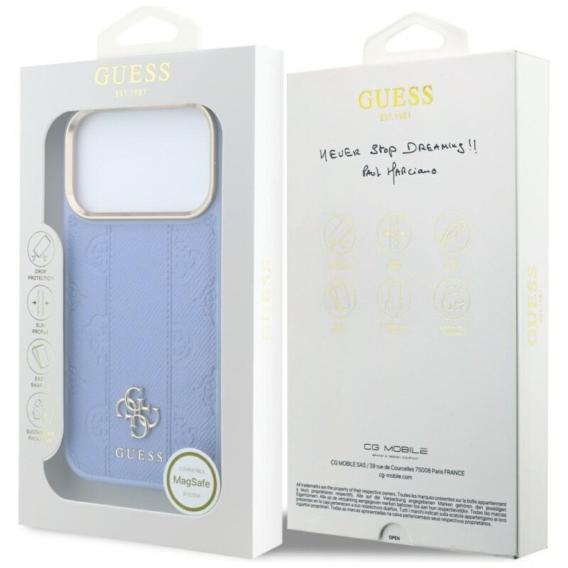 Husa Guess iPhone 17 Pro Leather Stripe Peony 4G MagSafe, bleu, GUHMP18L6PGSU4EB