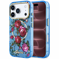 Husa iPhone 18 Pro Max originala Guess IML Glitter Blossom Roses MagSafe, bleu, GUHMP18X6HTBGSLB