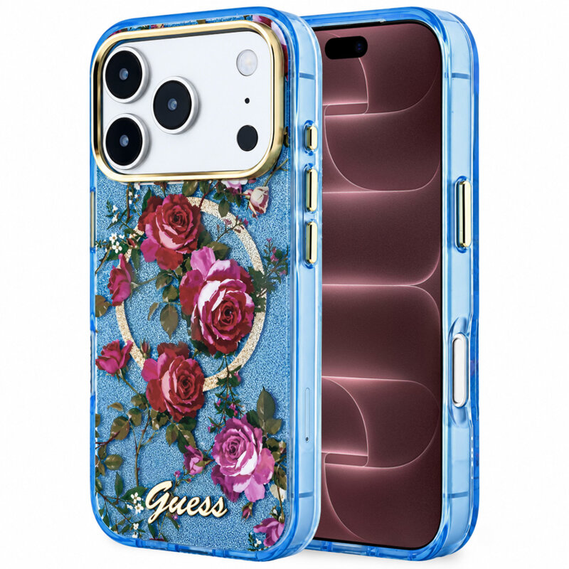 Husa iPhone 18 Pro Max originala Guess IML Glitter Blossom Roses MagSafe, bleu, GUHMP18X6HTBGSLB