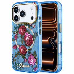 Husa iPhone 17 Pro Max originala Guess IML Glitter Blossom Roses MagSafe, bleu, GUHMP18X6HTBGSLB
