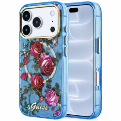 Husa iPhone 18 Pro originala Guess IML Glitter Blossom Roses MagSafe, bleu, GUHMP18L6HTBGSLB
