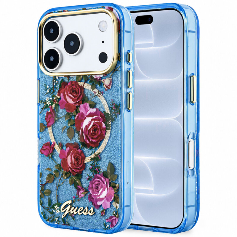 Husa iPhone 18 Pro originala Guess IML Glitter Blossom Roses MagSafe, bleu, GUHMP18L6HTBGSLB