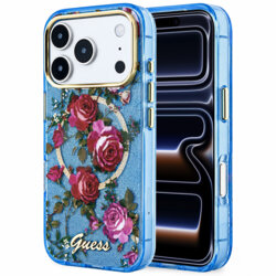Husa iPhone 17 Pro originala Guess IML Glitter Blossom Roses MagSafe, bleu, GUHMP18L6HTBGSLB