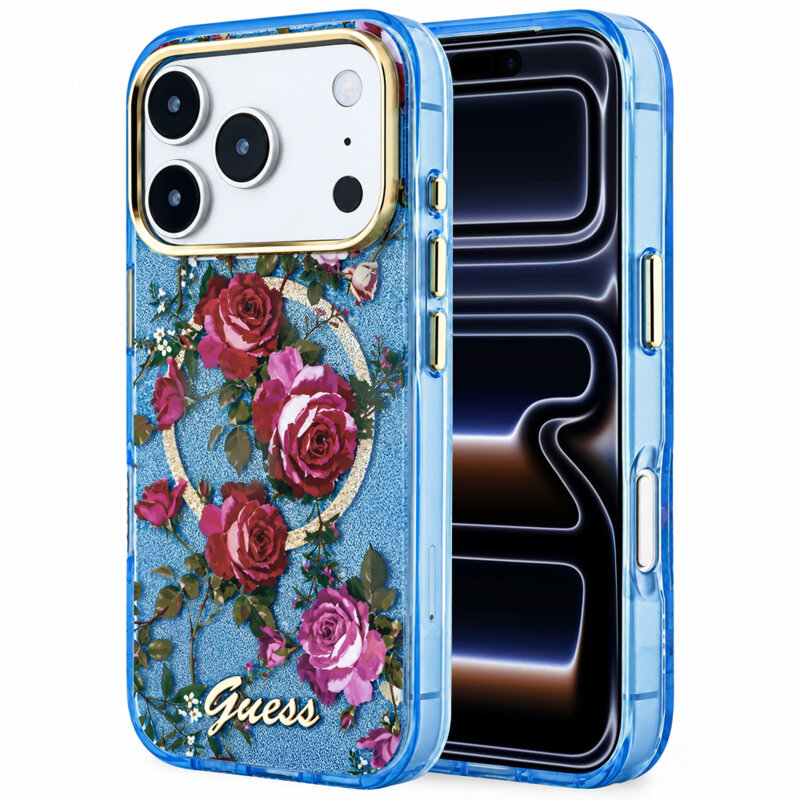 Husa iPhone 17 Pro originala Guess IML Glitter Blossom Roses MagSafe, bleu, GUHMP18L6HTBGSLB