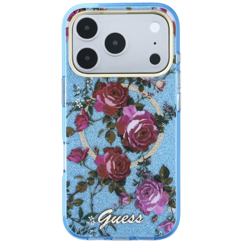 Husa iPhone 17 Pro originala Guess IML Glitter Blossom Roses MagSafe, bleu, GUHMP18L6HTBGSLB