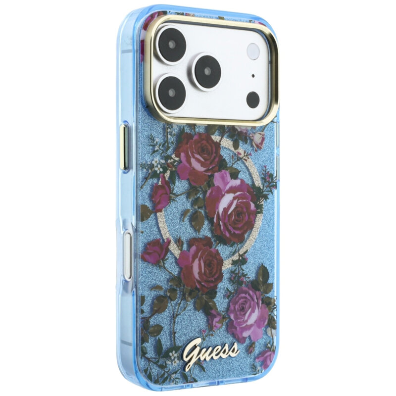 Husa iPhone 17 Pro originala Guess IML Glitter Blossom Roses MagSafe, bleu, GUHMP18L6HTBGSLB