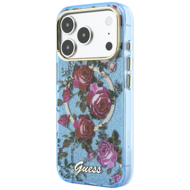 Husa iPhone 17 Pro originala Guess IML Glitter Blossom Roses MagSafe, bleu, GUHMP18L6HTBGSLB