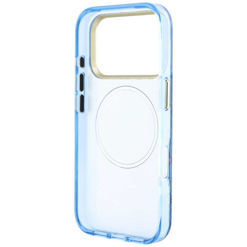 Husa iPhone 17 Pro originala Guess IML Glitter Blossom Roses MagSafe, bleu, GUHMP18L6HTBGSLB