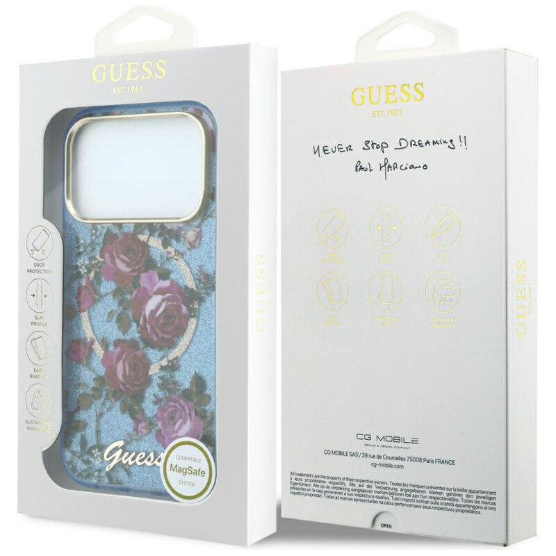 Husa iPhone 17 Pro originala Guess IML Glitter Blossom Roses MagSafe, bleu, GUHMP18L6HTBGSLB