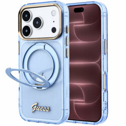 Husa Guess iPhone 18 Pro Max Ring Stand Script Metal Logo MagSafe, bleu, GUHMP18X6HCCMSB