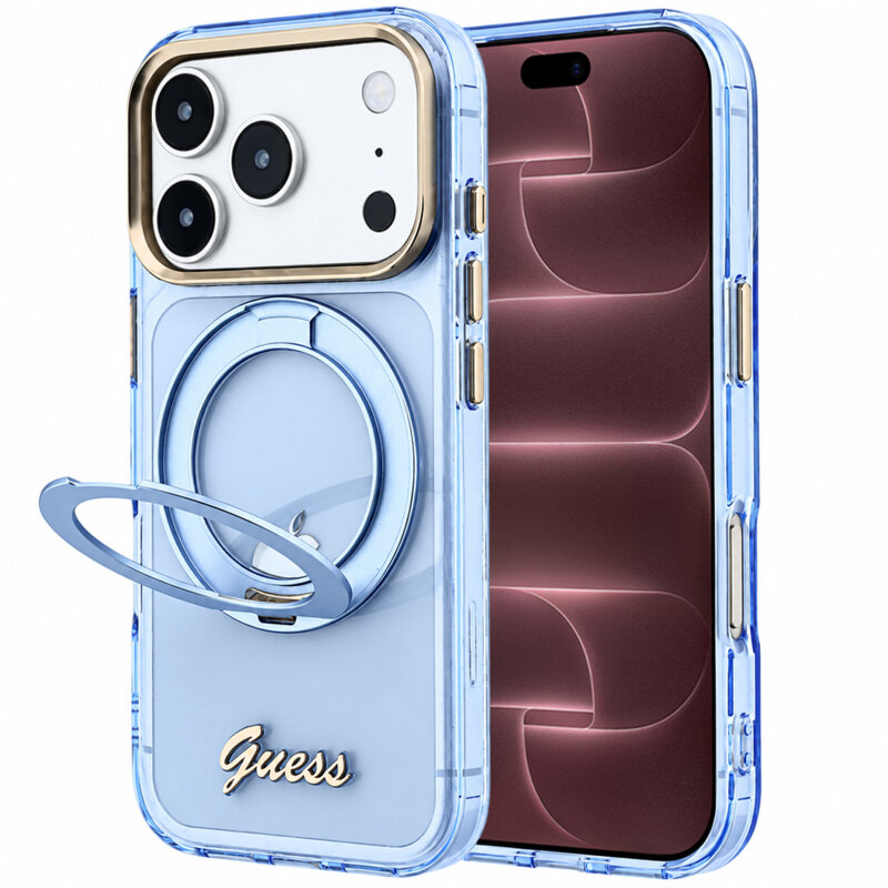 Husa Guess iPhone 18 Pro Max Ring Stand Script Metal Logo MagSafe, bleu, GUHMP18X6HCCMSB