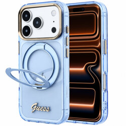 Husa Guess iPhone 17 Pro Max Ring Stand Script Metal Logo MagSafe, bleu, GUHMP18X6HCCMSB