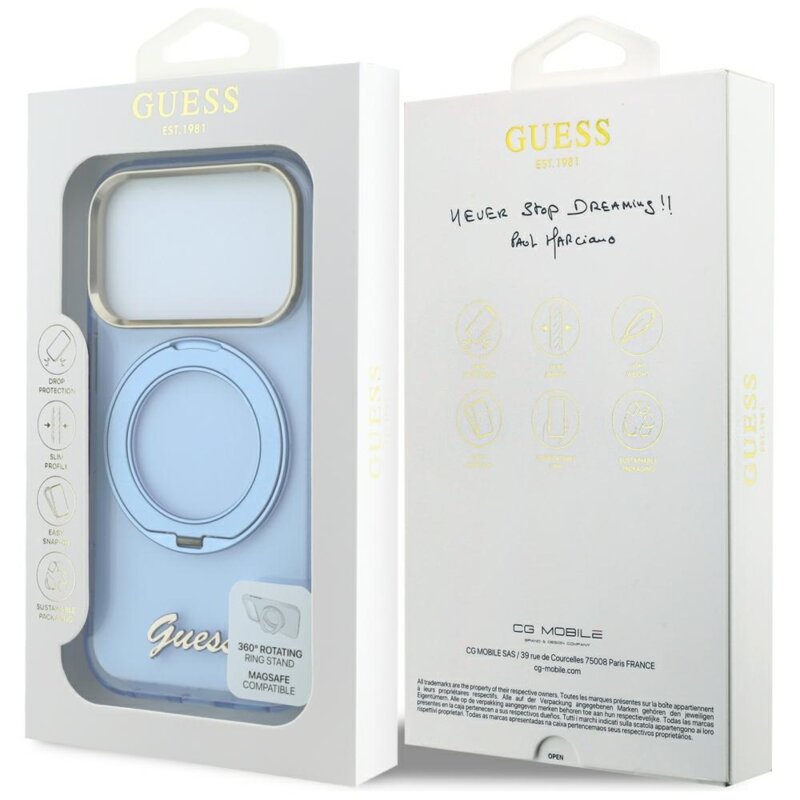 Husa Guess iPhone 17 Pro Max Ring Stand Script Metal Logo MagSafe, bleu, GUHMP18X6HCCMSB