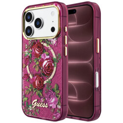 Husa iPhone 18 Pro Max originala Guess IML Glitter Blossom Roses MagSafe, bordo, GUHMP18X6HTBGSLU