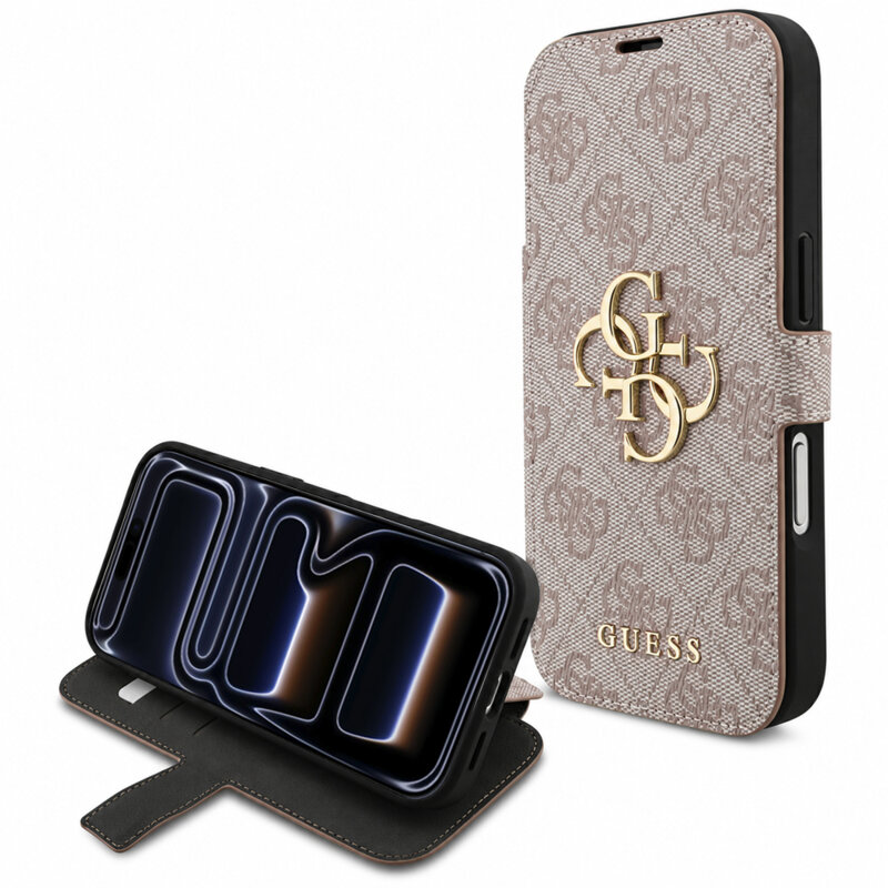 Husa tip carte iPhone 17 Pro Guess Book 4G Metal Logo, roz, GUBKP18L4GMGPI