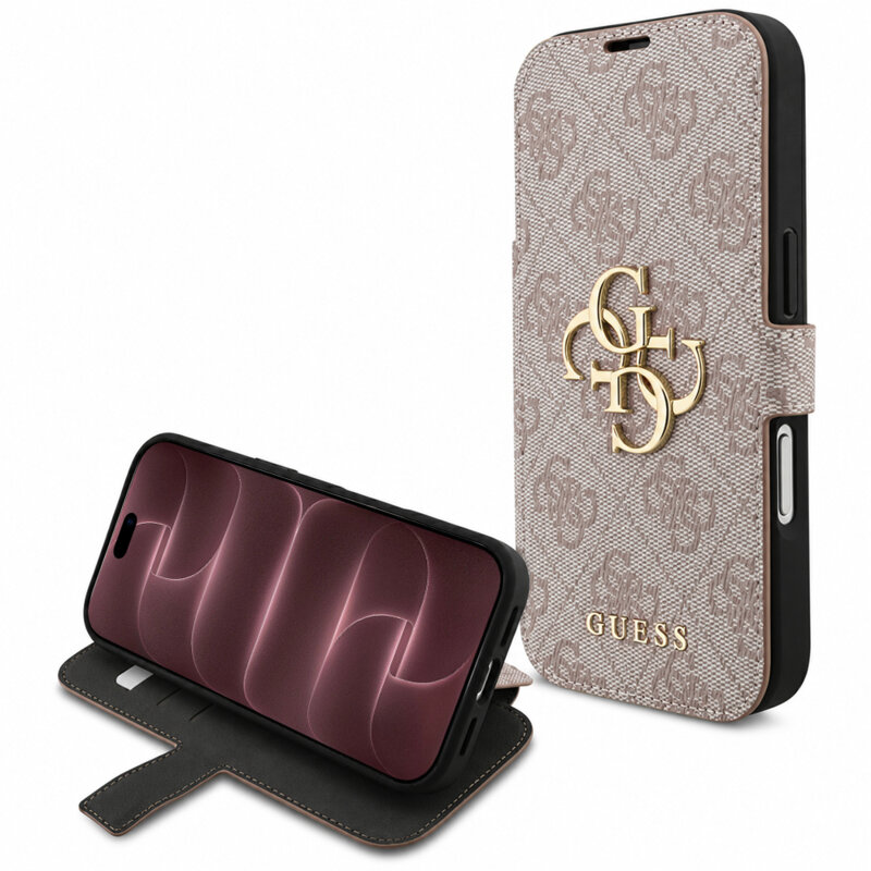 Husa tip carte iPhone 18 Pro Max Guess Book 4G Metal Logo, roz, GUBKP18X4GMGPI