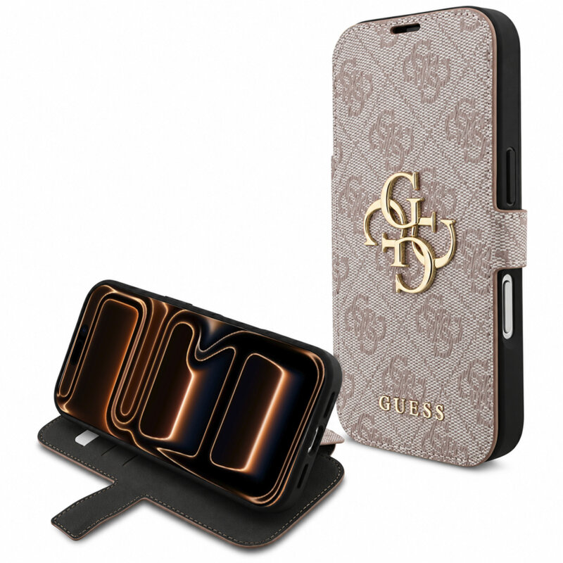 Husa tip carte iPhone 17 Pro Max Guess Book 4G Metal Logo, roz, GUBKP18X4GMGPI