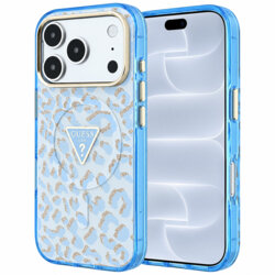 Husa Guess Leopard Glitter Triangle Logo MagSafe iPhone 18 Pro cu sclipici, bleu, GUHMP18LHLEGTGLU