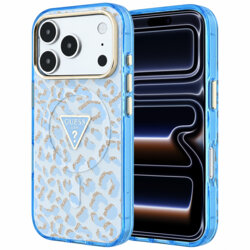 Husa Guess Leopard Glitter Triangle Logo MagSafe iPhone 17 Pro cu sclipici, bleu, GUHMP18LHLEGTGLU